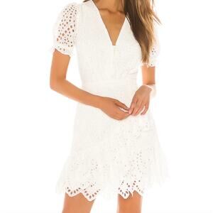 YUMI KIM Riviera White Be the One Dress V-Neck Eyelet Crochet Cotton Ruffled L